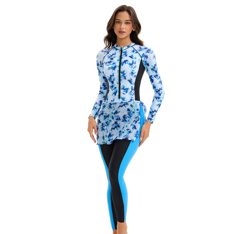 Rash Guard - ชุดว่ายน้ำผู้หญิงแขนยาวแบบเรียบร้อยสองชิ้น ป้องกันแสงแดดเต็มตัว ชุดว่ายน้ำชายหาดแบบรัดรูป