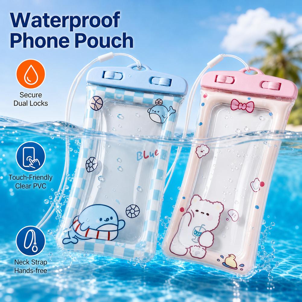 Dry Bag Waterproof - เคสโทรศัพท์กันน้ำลายหมีน่ารัก กระเป๋าใสกันน้ำแบบแห้ง ใช้ได้กับหน้าจอสัมผัส กระเป๋าใส่ของสำหรับว่ายน้ำและลอยน้ำ