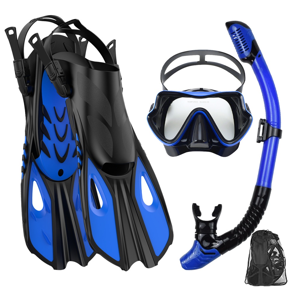 Snorkel Set - ชุดดำน้ำตื้น หน้ากากดำน้ำและสน็อกเกิล ครีบดำน้ำสำหรับผู้ใหญ่พร้อมดีไซน์แบบเปิดส้นเท้าที่ปรับได้ สำหรับการว่ายน้ำฟรีสไตล์แบบมืออาชีพ